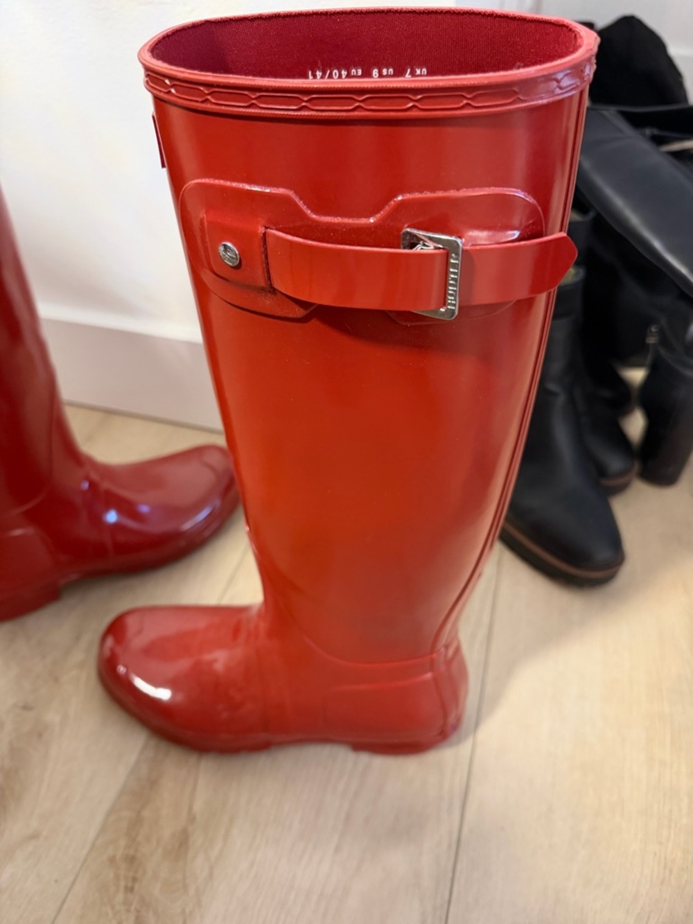 BNWOT Glossy Red Tall Rain Boots with Logo Size 9